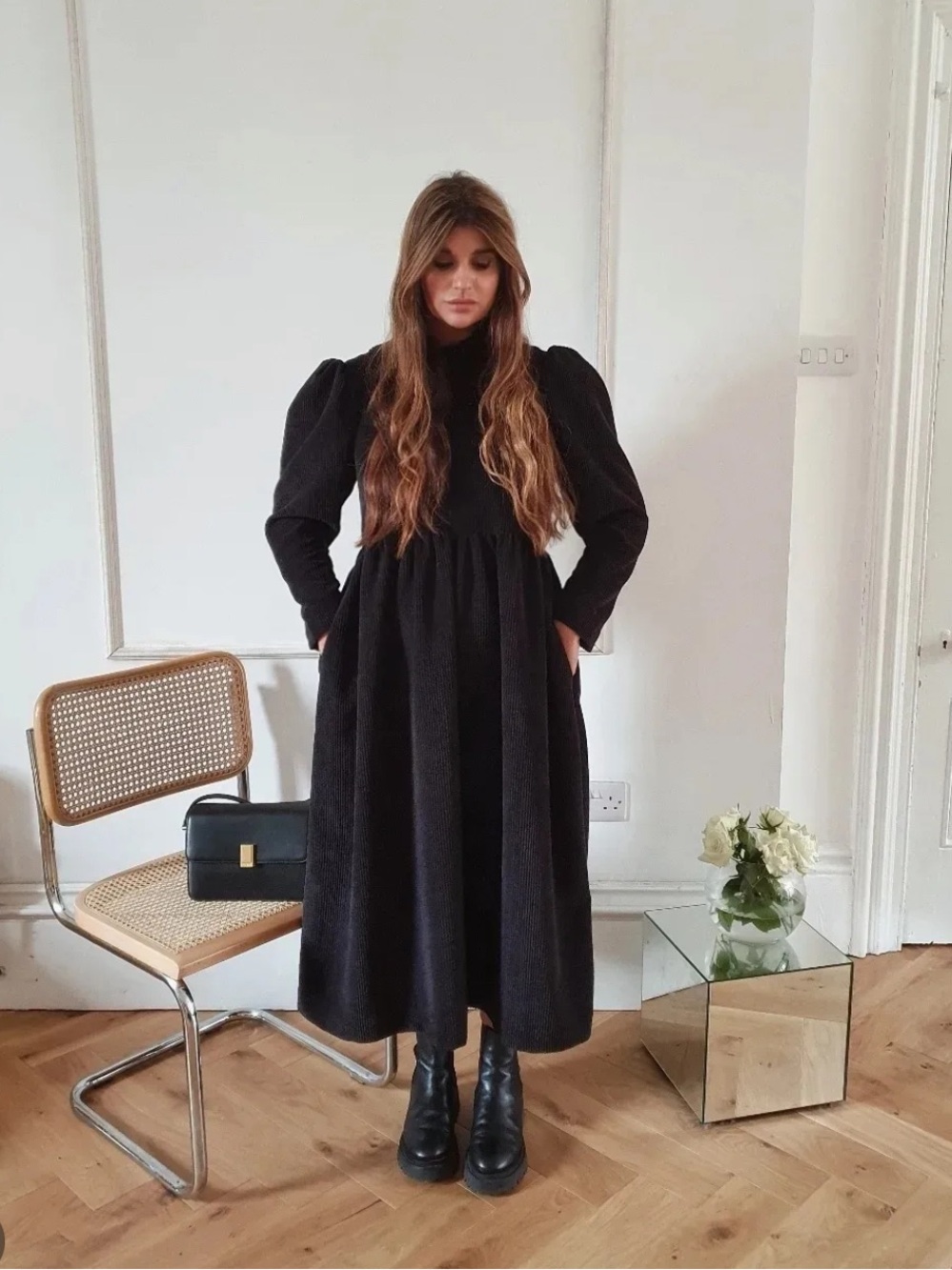 Johanna Sands black corduroy Rosa puffed sleeve dress UK 10